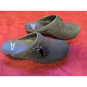 Women’s Size 37 Dansko Shannon Black Nubuck Suede Tassels Slip-on Mule Clog EUC